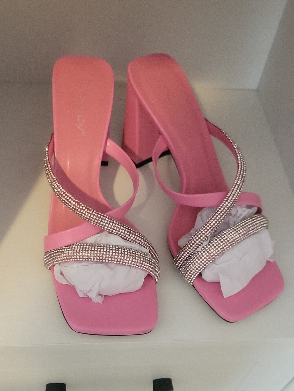 Unilady Sz8 Pink Rhinestone-Strap Block Heel Sandals - Women 3" heel